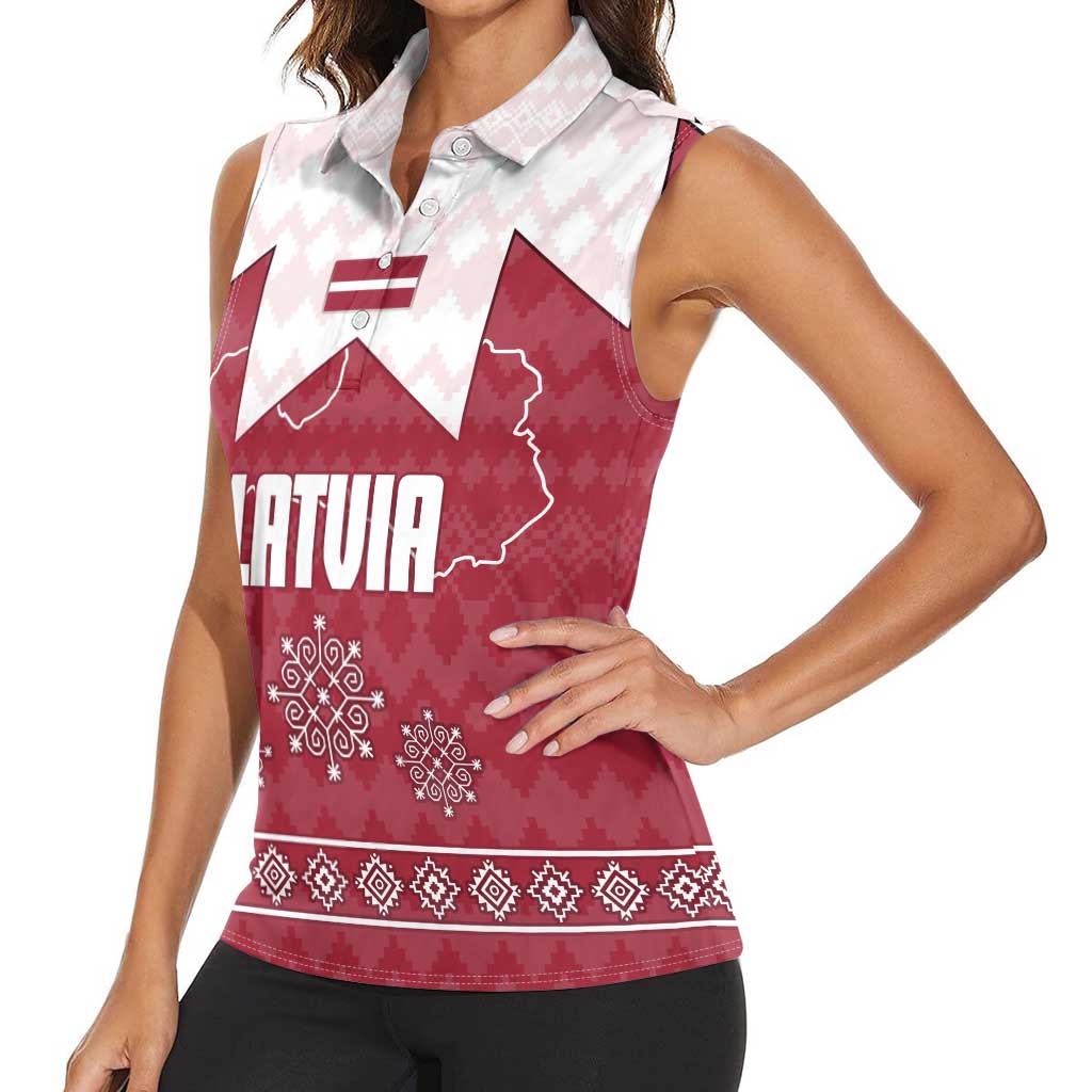 Latvia Women Sleeveless Polo Shirt with National Coat of Arms and Knit Pattern – Three Stars One Heart Design
