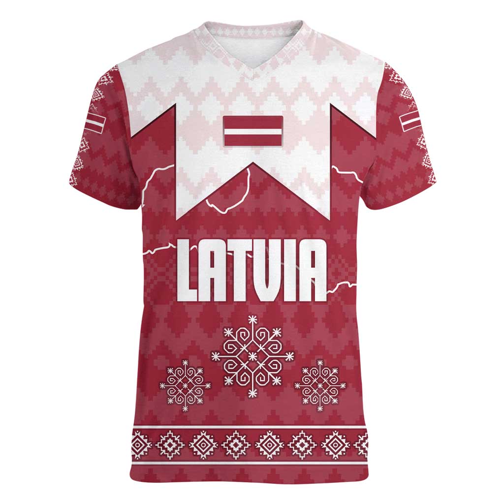 Latvia Women V-Neck T-Shirt with National Coat of Arms and Knit Pattern – Three Stars One Heart Design