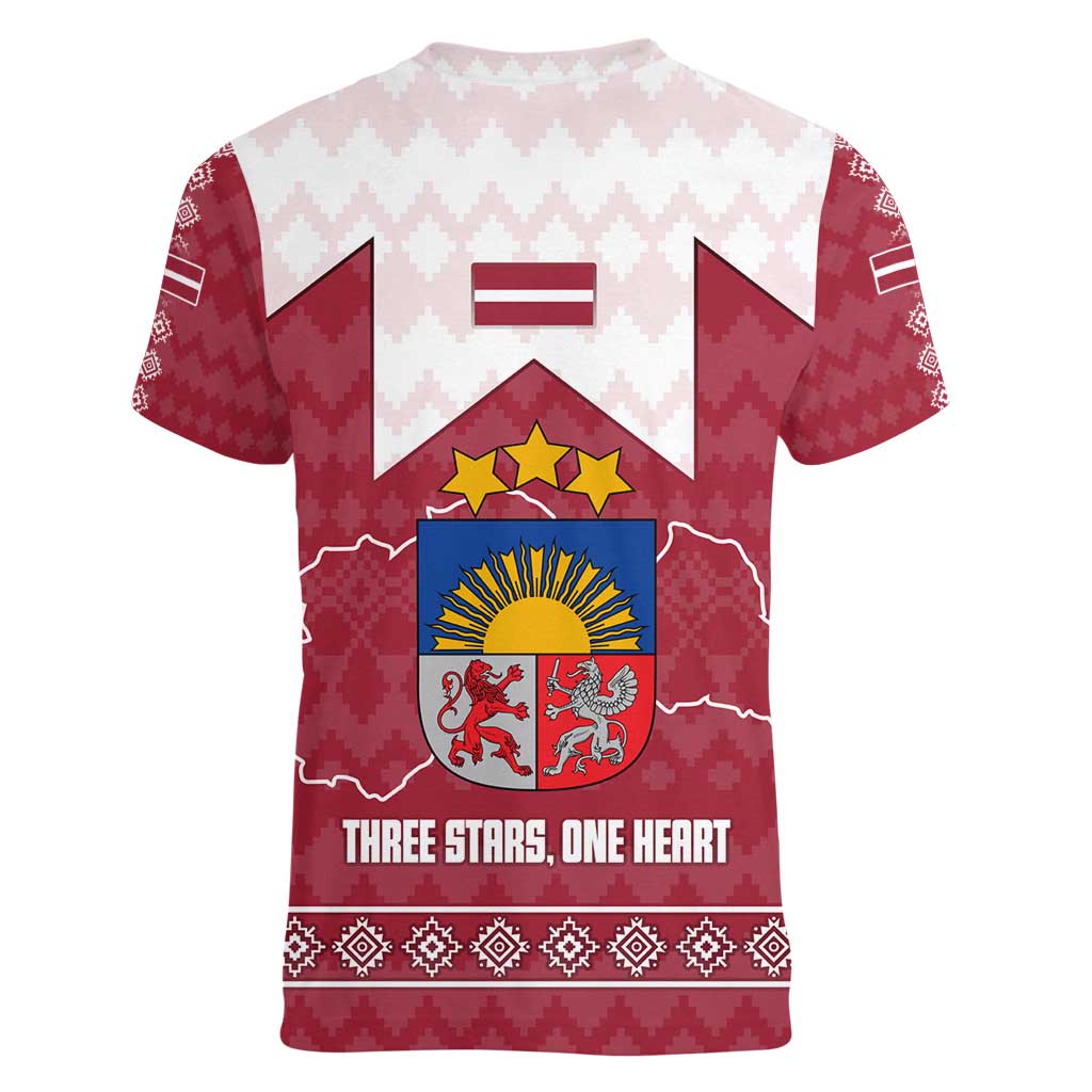 Latvia Women V-Neck T-Shirt with National Coat of Arms and Knit Pattern – Three Stars One Heart Design