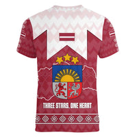 Latvia Women V-Neck T-Shirt with National Coat of Arms and Knit Pattern – Three Stars One Heart Design