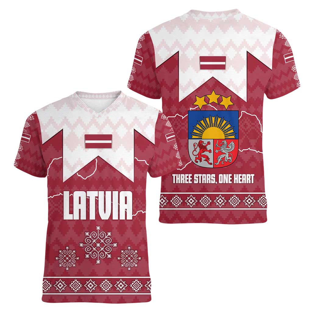 Latvia Women V-Neck T-Shirt with National Coat of Arms and Knit Pattern – Three Stars One Heart Design