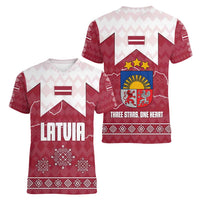 Latvia Women V-Neck T-Shirt with National Coat of Arms and Knit Pattern – Three Stars One Heart Design