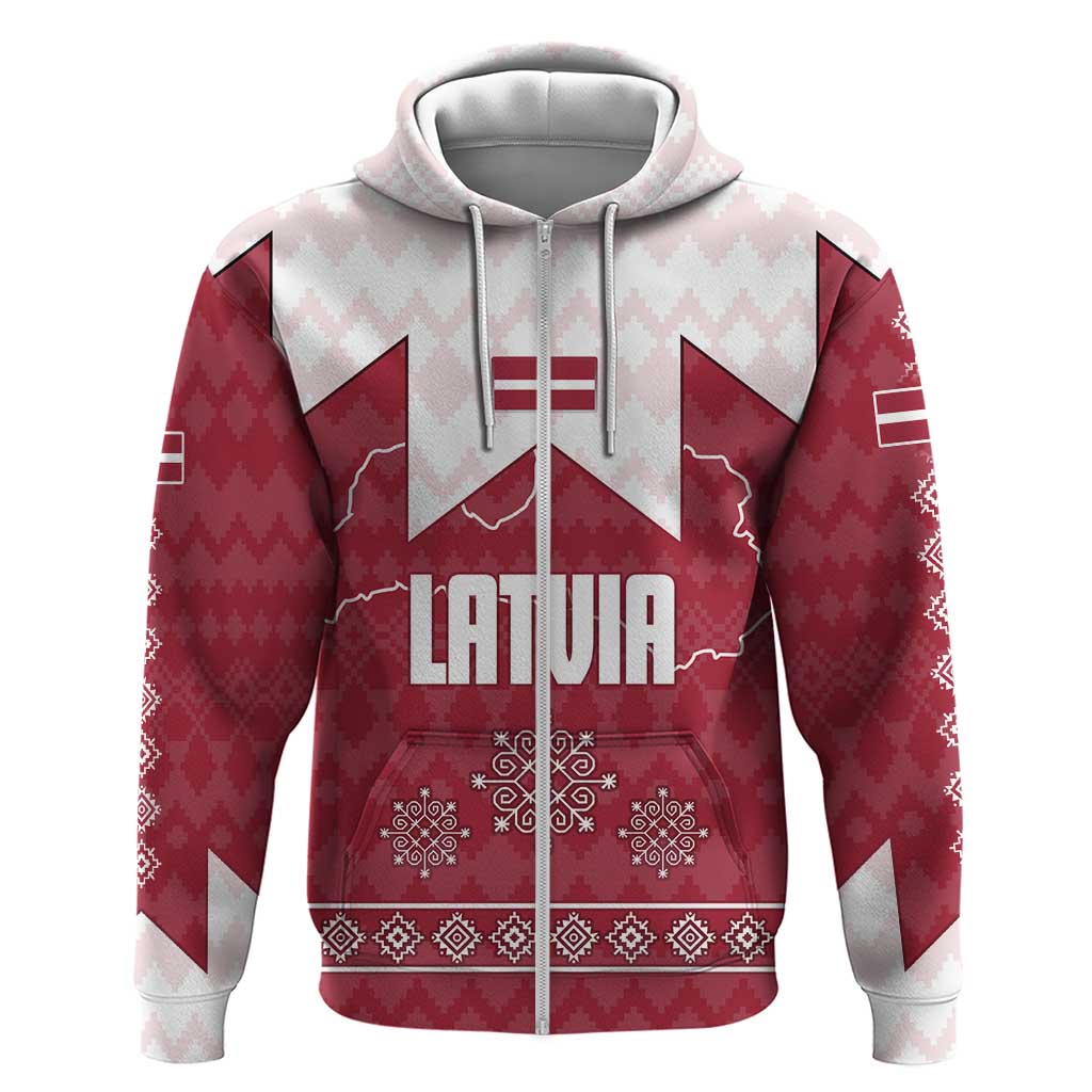 Latvia Zip Hoodie with National Coat of Arms and Knit Pattern – Three Stars One Heart Design