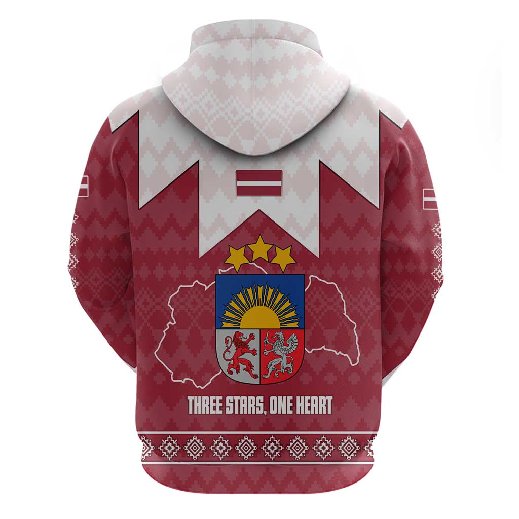 Latvia Zip Hoodie with National Coat of Arms and Knit Pattern – Three Stars One Heart Design
