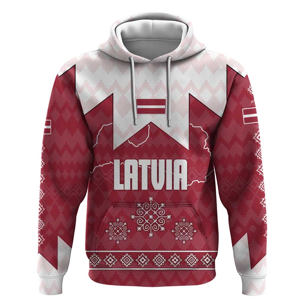 Latvia Zip Hoodie with National Coat of Arms and Knit Pattern – Three Stars One Heart Design