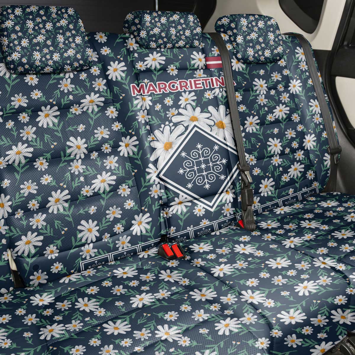 Latvia Back Car Seat Cover with Margrietina Daisy and Ethnic Pattern – Latvia in Bloom Floral Design