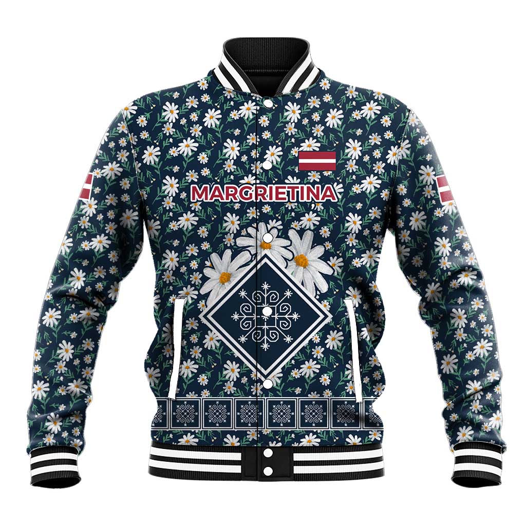 Latvia Baseball Jacket with Margrietina Daisy and Ethnic Pattern – Latvia in Bloom Floral Design