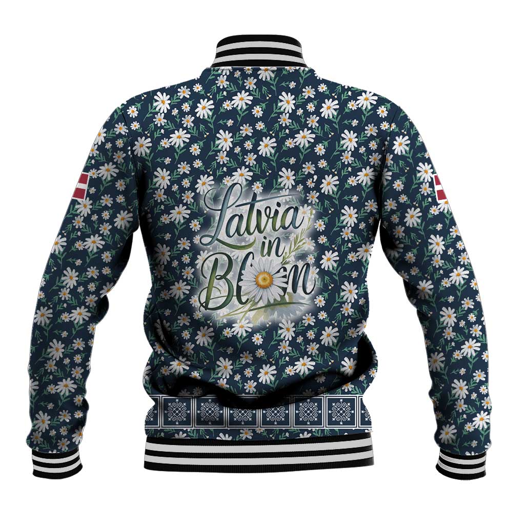 Latvia Baseball Jacket with Margrietina Daisy and Ethnic Pattern – Latvia in Bloom Floral Design