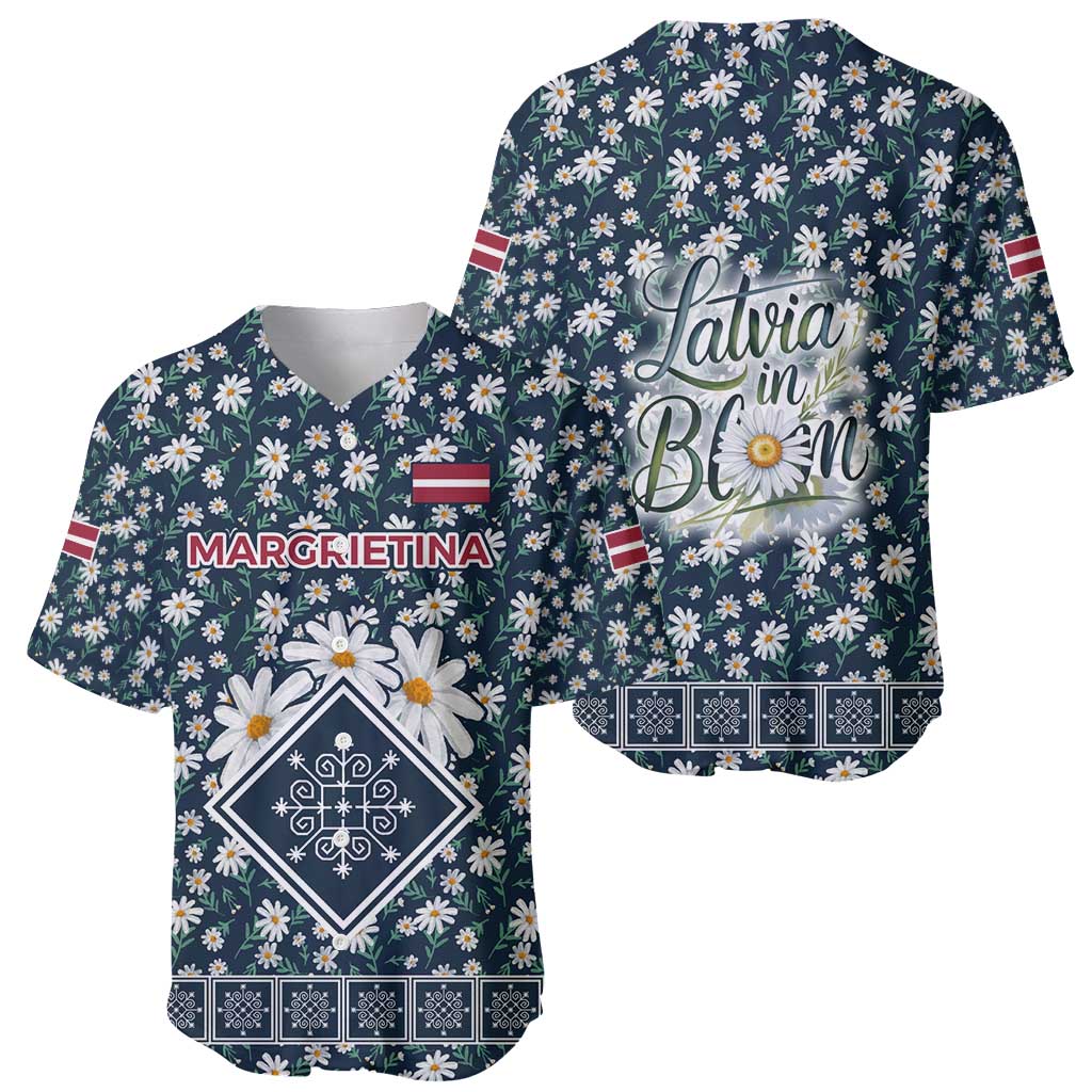 Latvia Baseball Jersey with Margrietina Daisy and Ethnic Pattern – Latvia in Bloom Floral Design