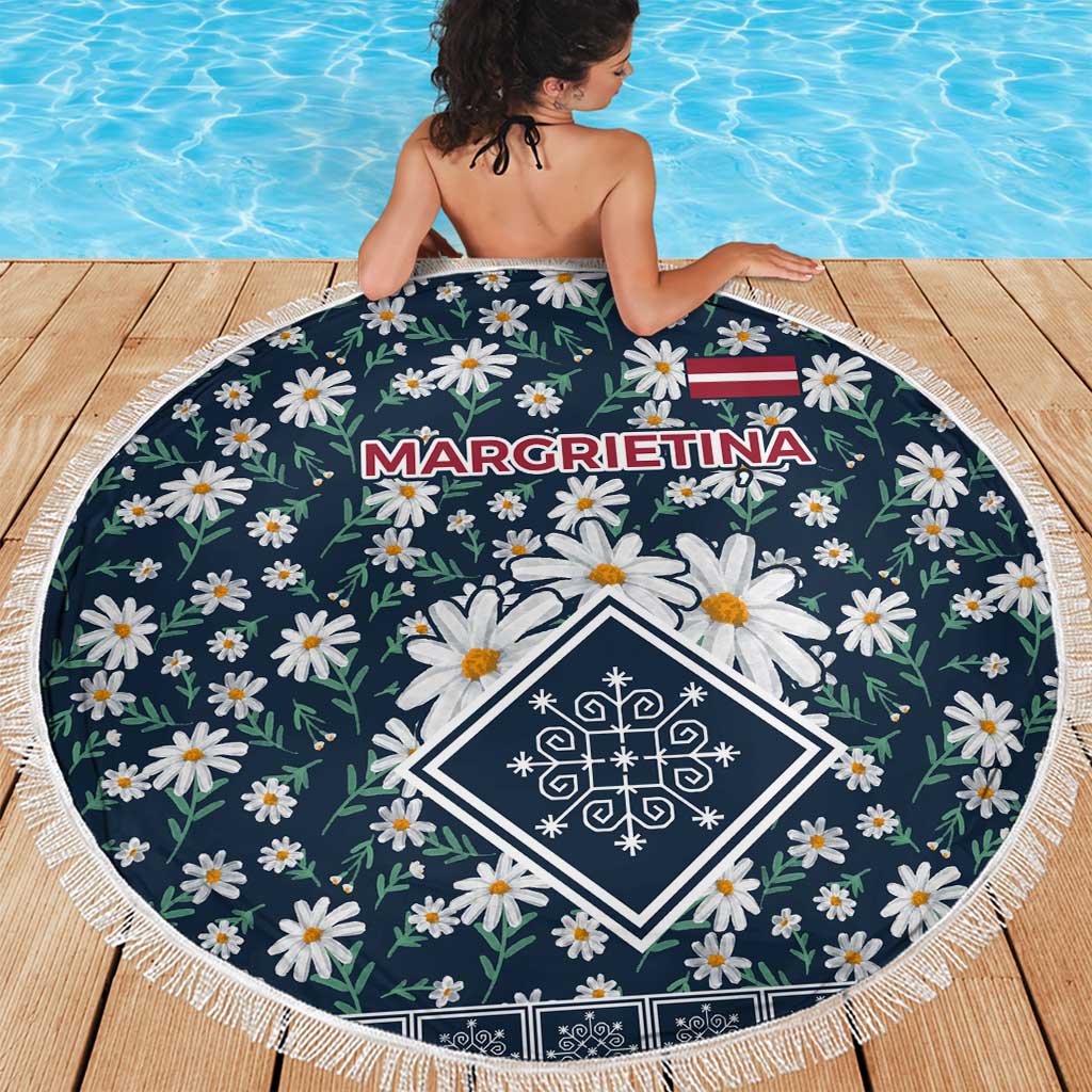 Latvia Beach Blanket with Margrietina Daisy and Ethnic Pattern – Latvia in Bloom Floral Design