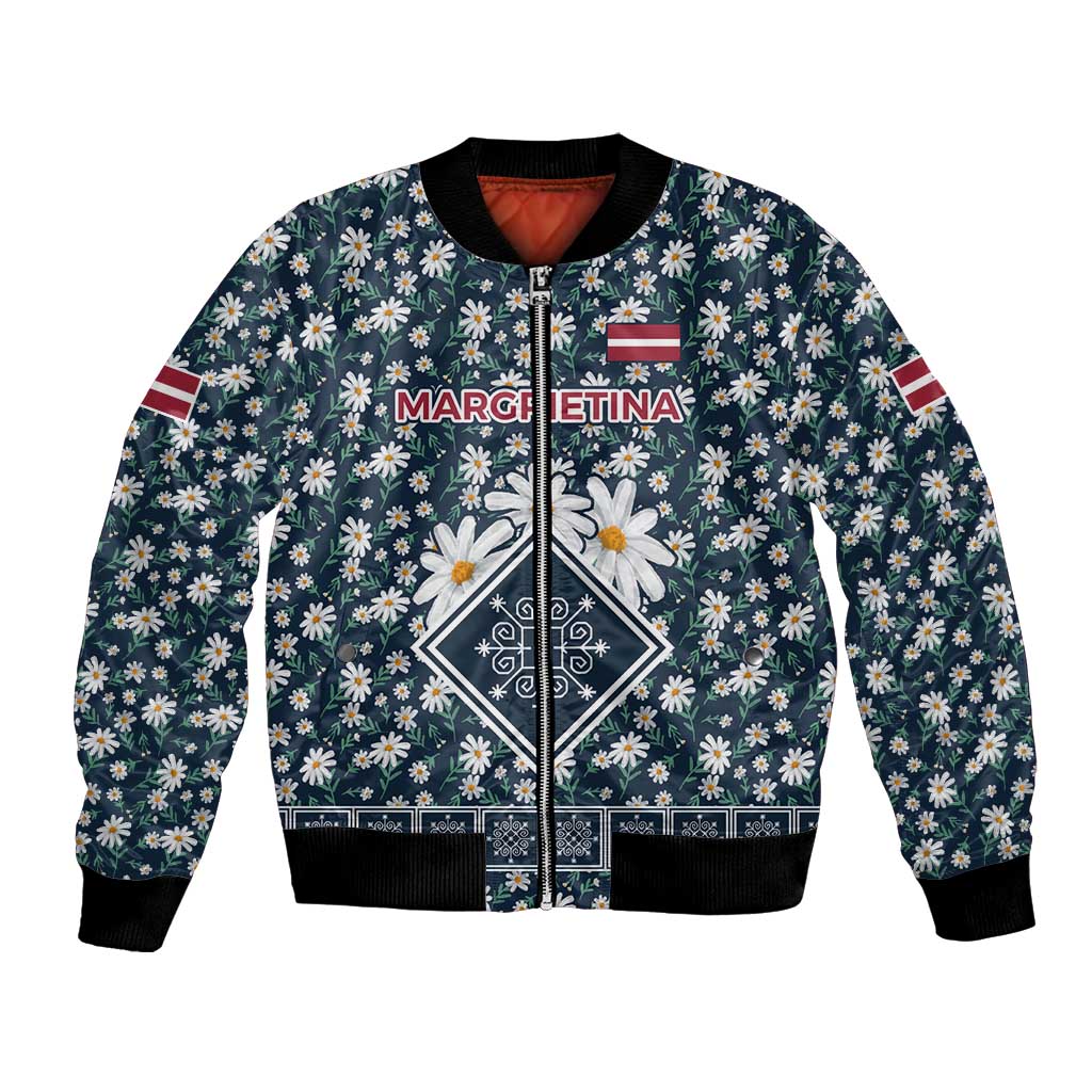 Latvia Bomber Jacket with Margrietina Daisy and Ethnic Pattern – Latvia in Bloom Floral Design