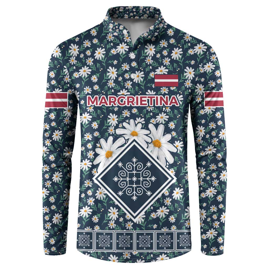 Latvia Button Sweatshirt with Margrietina Daisy and Ethnic Pattern – Latvia in Bloom Floral Design