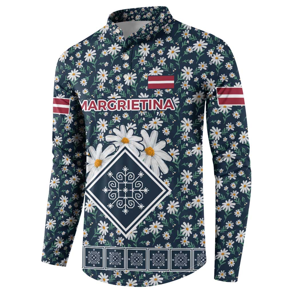 Latvia Button Sweatshirt with Margrietina Daisy and Ethnic Pattern – Latvia in Bloom Floral Design