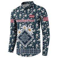 Latvia Button Sweatshirt with Margrietina Daisy and Ethnic Pattern – Latvia in Bloom Floral Design