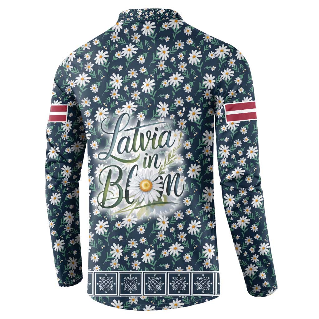 Latvia Button Sweatshirt with Margrietina Daisy and Ethnic Pattern – Latvia in Bloom Floral Design
