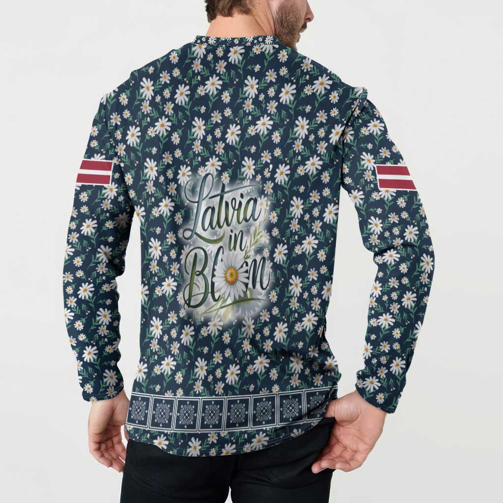 Latvia Button Sweatshirt with Margrietina Daisy and Ethnic Pattern – Latvia in Bloom Floral Design