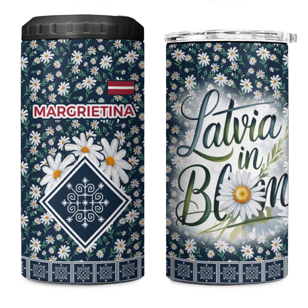 Latvia 4 in 1 Can Cooler Tumbler with Margrietina Daisy and Ethnic Pattern – Latvia in Bloom Floral Design