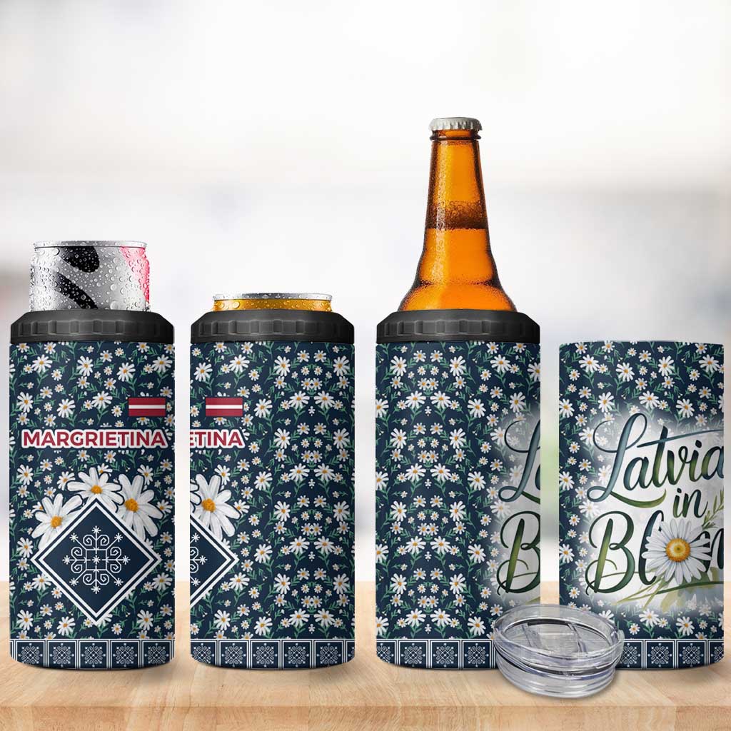 Latvia 4 in 1 Can Cooler Tumbler with Margrietina Daisy and Ethnic Pattern – Latvia in Bloom Floral Design
