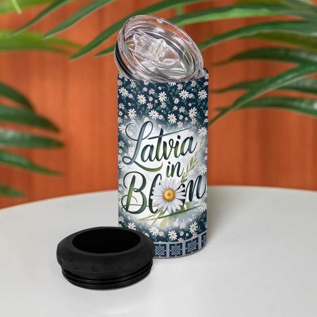 Latvia 4 in 1 Can Cooler Tumbler with Margrietina Daisy and Ethnic Pattern – Latvia in Bloom Floral Design