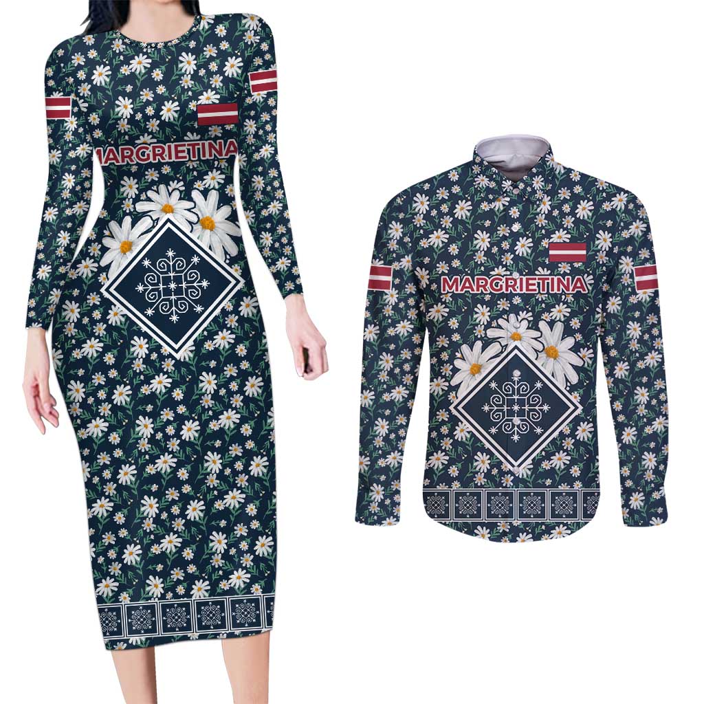 Latvia Couples Matching Long Sleeve Bodycon Dress and Long Sleeve Button Shirt with Margrietina Daisy and Ethnic Pattern – Latvia in Bloom Floral Design
