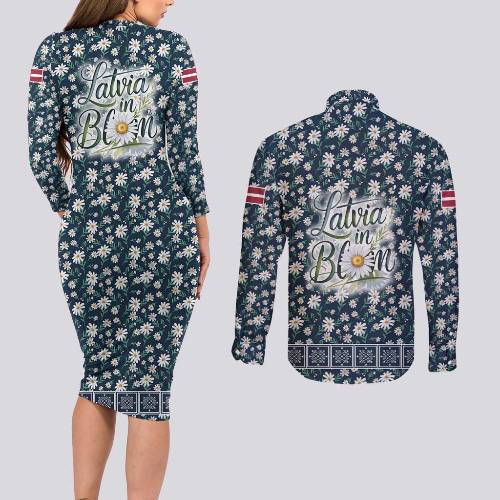 Latvia Couples Matching Long Sleeve Bodycon Dress and Long Sleeve Button Shirt with Margrietina Daisy and Ethnic Pattern – Latvia in Bloom Floral Design