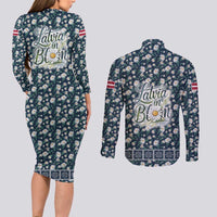 Latvia Couples Matching Long Sleeve Bodycon Dress and Long Sleeve Button Shirt with Margrietina Daisy and Ethnic Pattern – Latvia in Bloom Floral Design