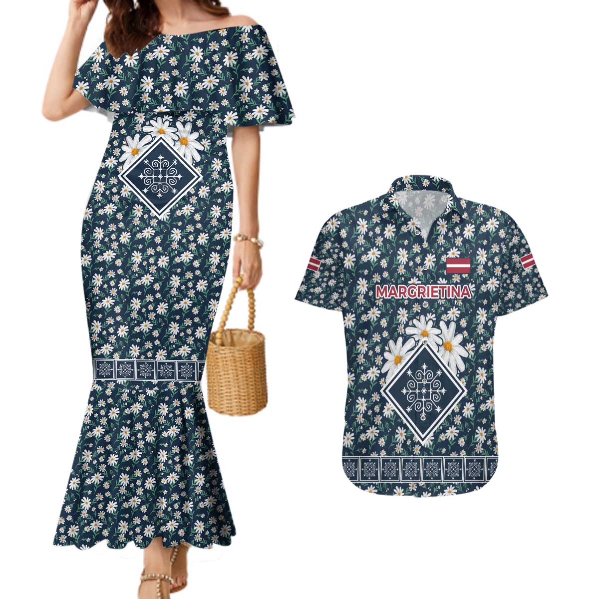 Latvia Couples Matching Mermaid Dress and Hawaiian Shirt with Margrietina Daisy and Ethnic Pattern – Latvia in Bloom Floral Design