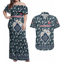 Latvia Couples Matching Off Shoulder Maxi Dress and Hawaiian Shirt with Margrietina Daisy and Ethnic Pattern – Latvia in Bloom Floral Design