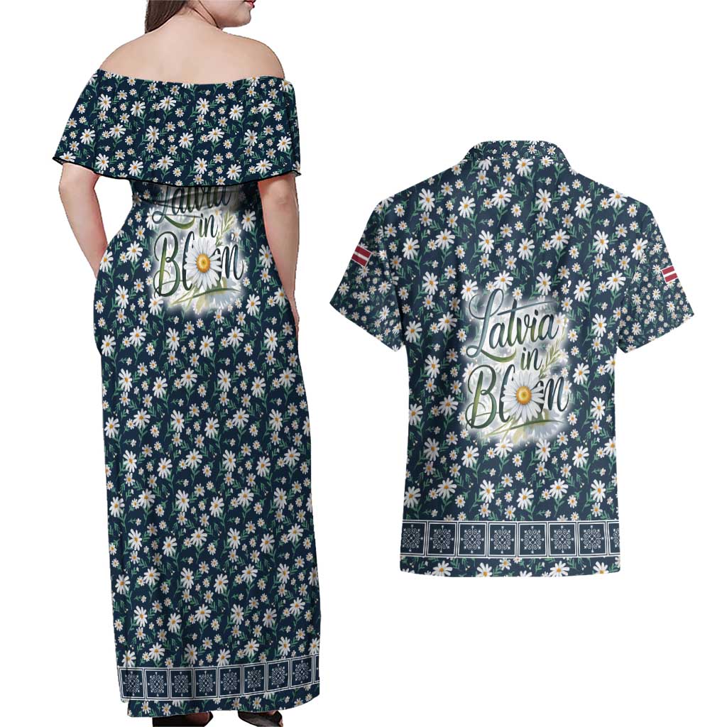 Latvia Couples Matching Off Shoulder Maxi Dress and Hawaiian Shirt with Margrietina Daisy and Ethnic Pattern – Latvia in Bloom Floral Design