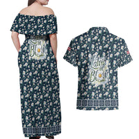 Latvia Couples Matching Off Shoulder Maxi Dress and Hawaiian Shirt with Margrietina Daisy and Ethnic Pattern – Latvia in Bloom Floral Design