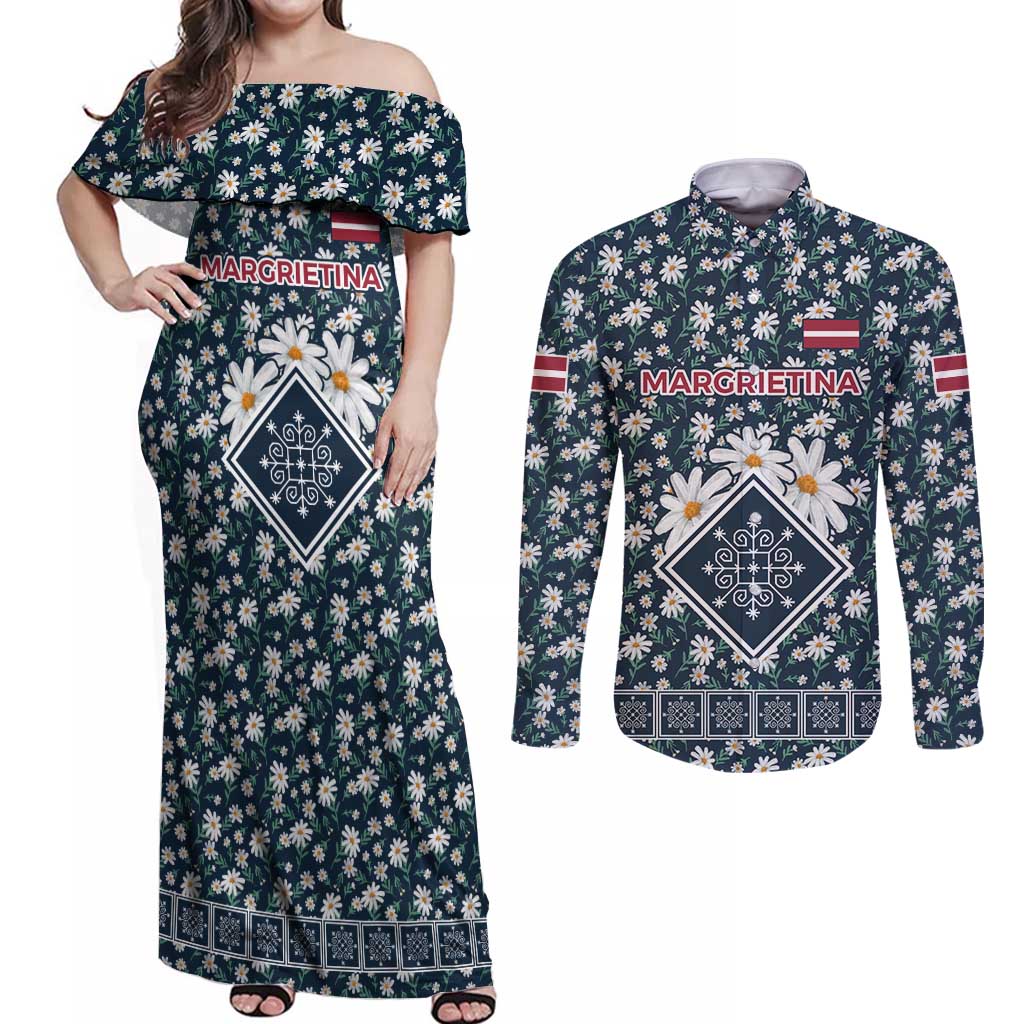Latvia Couples Matching Off Shoulder Maxi Dress and Long Sleeve Button Shirt with Margrietina Daisy and Ethnic Pattern – Latvia in Bloom Floral Design