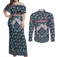 Latvia Couples Matching Off Shoulder Maxi Dress and Long Sleeve Button Shirt with Margrietina Daisy and Ethnic Pattern – Latvia in Bloom Floral Design
