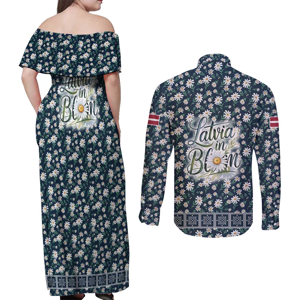 Latvia Couples Matching Off Shoulder Maxi Dress and Long Sleeve Button Shirt with Margrietina Daisy and Ethnic Pattern – Latvia in Bloom Floral Design