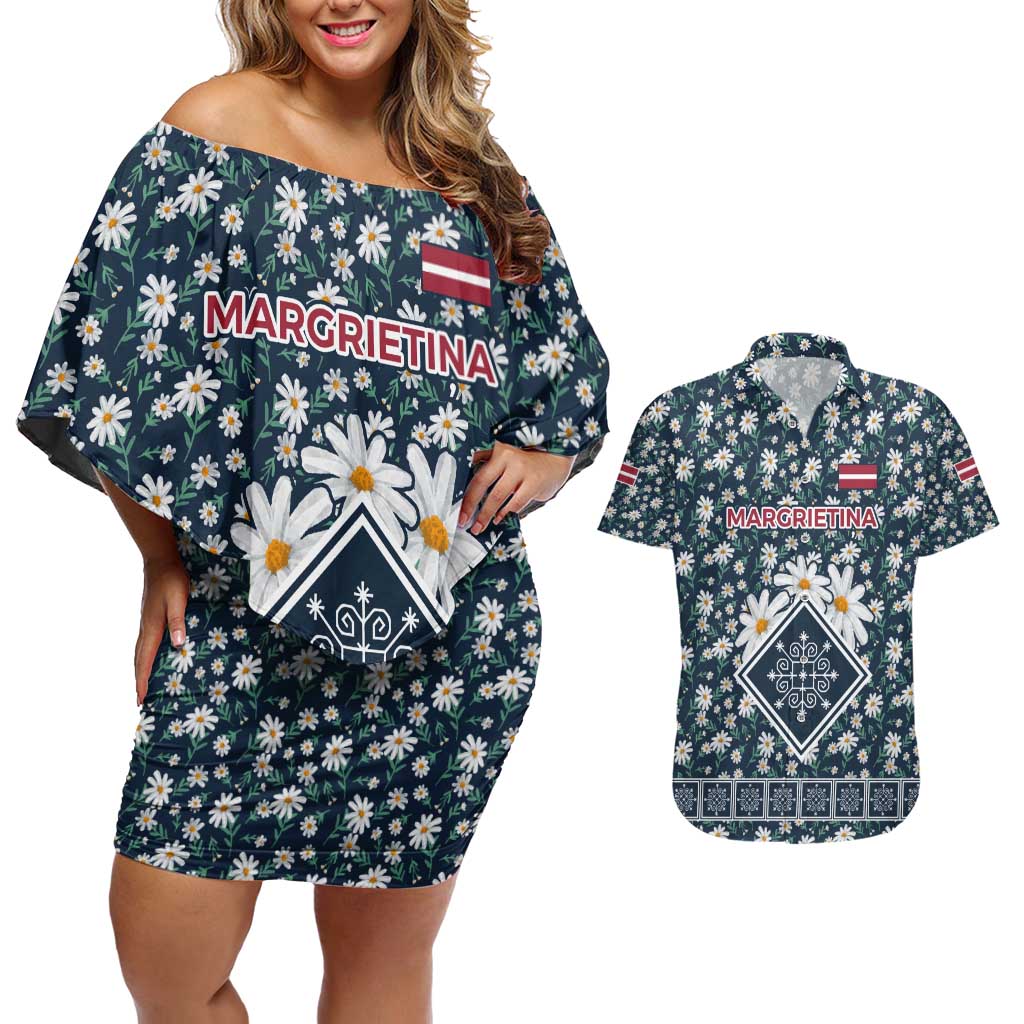 Latvia Couples Matching Off Shoulder Short Dress and Hawaiian Shirt with Margrietina Daisy and Ethnic Pattern – Latvia in Bloom Floral Design