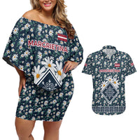 Latvia Couples Matching Off Shoulder Short Dress and Hawaiian Shirt with Margrietina Daisy and Ethnic Pattern – Latvia in Bloom Floral Design