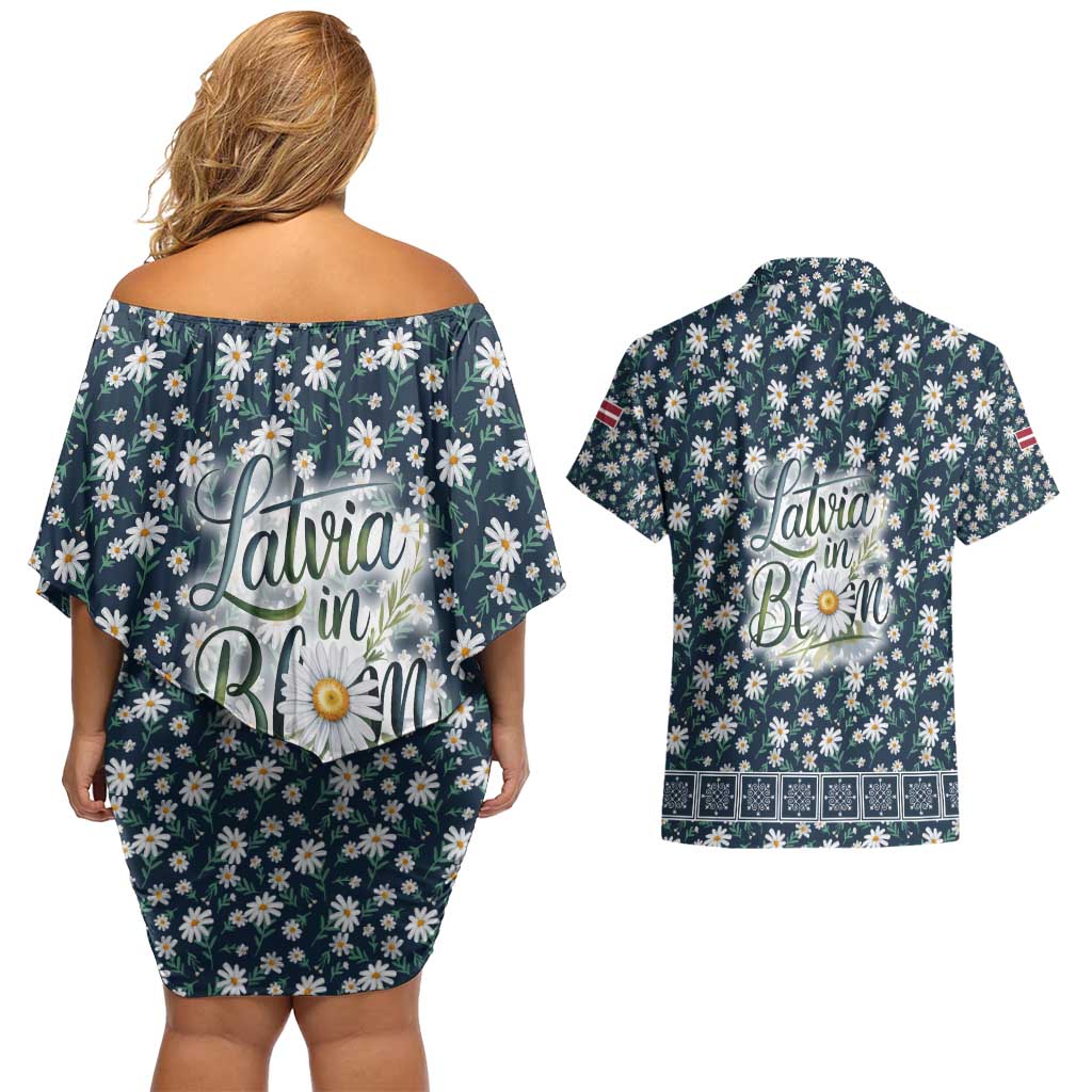 Latvia Couples Matching Off Shoulder Short Dress and Hawaiian Shirt with Margrietina Daisy and Ethnic Pattern – Latvia in Bloom Floral Design