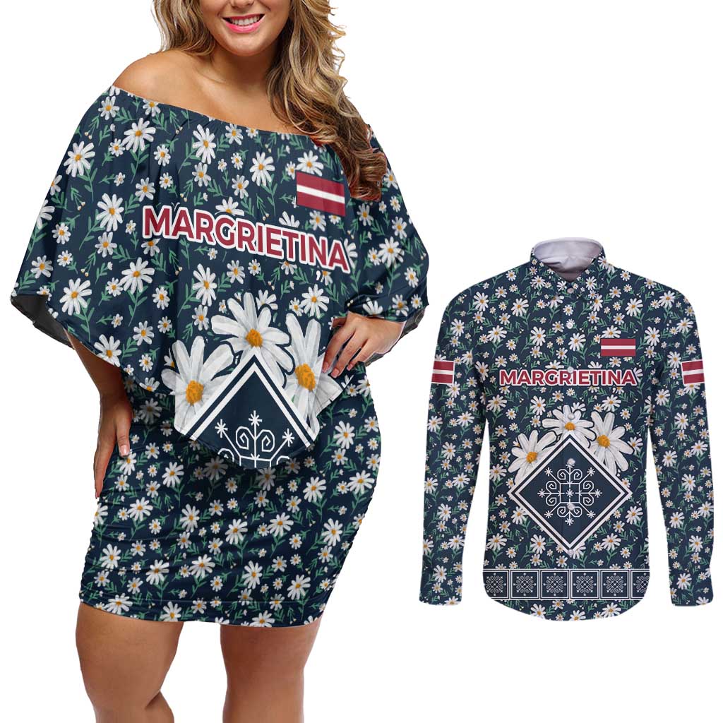 Latvia Couples Matching Off Shoulder Short Dress and Long Sleeve Button Shirt with Margrietina Daisy and Ethnic Pattern – Latvia in Bloom Floral Design