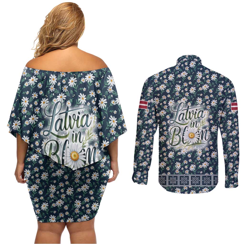 Latvia Couples Matching Off Shoulder Short Dress and Long Sleeve Button Shirt with Margrietina Daisy and Ethnic Pattern – Latvia in Bloom Floral Design