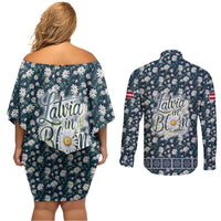 Latvia Couples Matching Off Shoulder Short Dress and Long Sleeve Button Shirt with Margrietina Daisy and Ethnic Pattern – Latvia in Bloom Floral Design