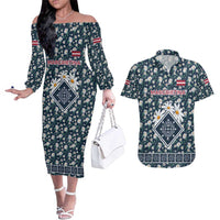 Latvia Couples Matching Off The Shoulder Long Sleeve Dress and Hawaiian Shirt with Margrietina Daisy and Ethnic Pattern – Latvia in Bloom Floral Design