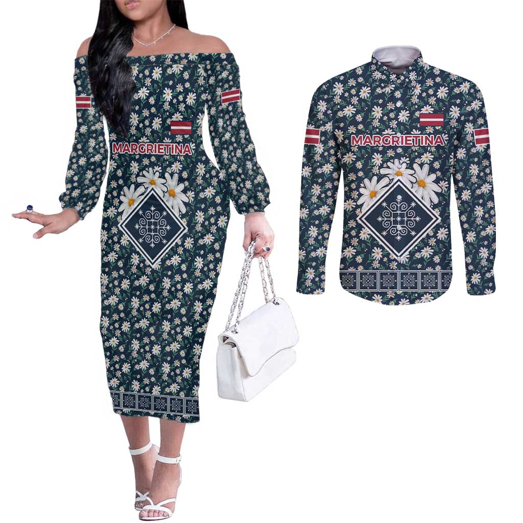 Latvia Couples Matching Off The Shoulder Long Sleeve Dress and Long Sleeve Button Shirt with Margrietina Daisy and Ethnic Pattern – Latvia in Bloom Floral Design