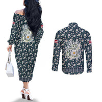Latvia Couples Matching Off The Shoulder Long Sleeve Dress and Long Sleeve Button Shirt with Margrietina Daisy and Ethnic Pattern – Latvia in Bloom Floral Design