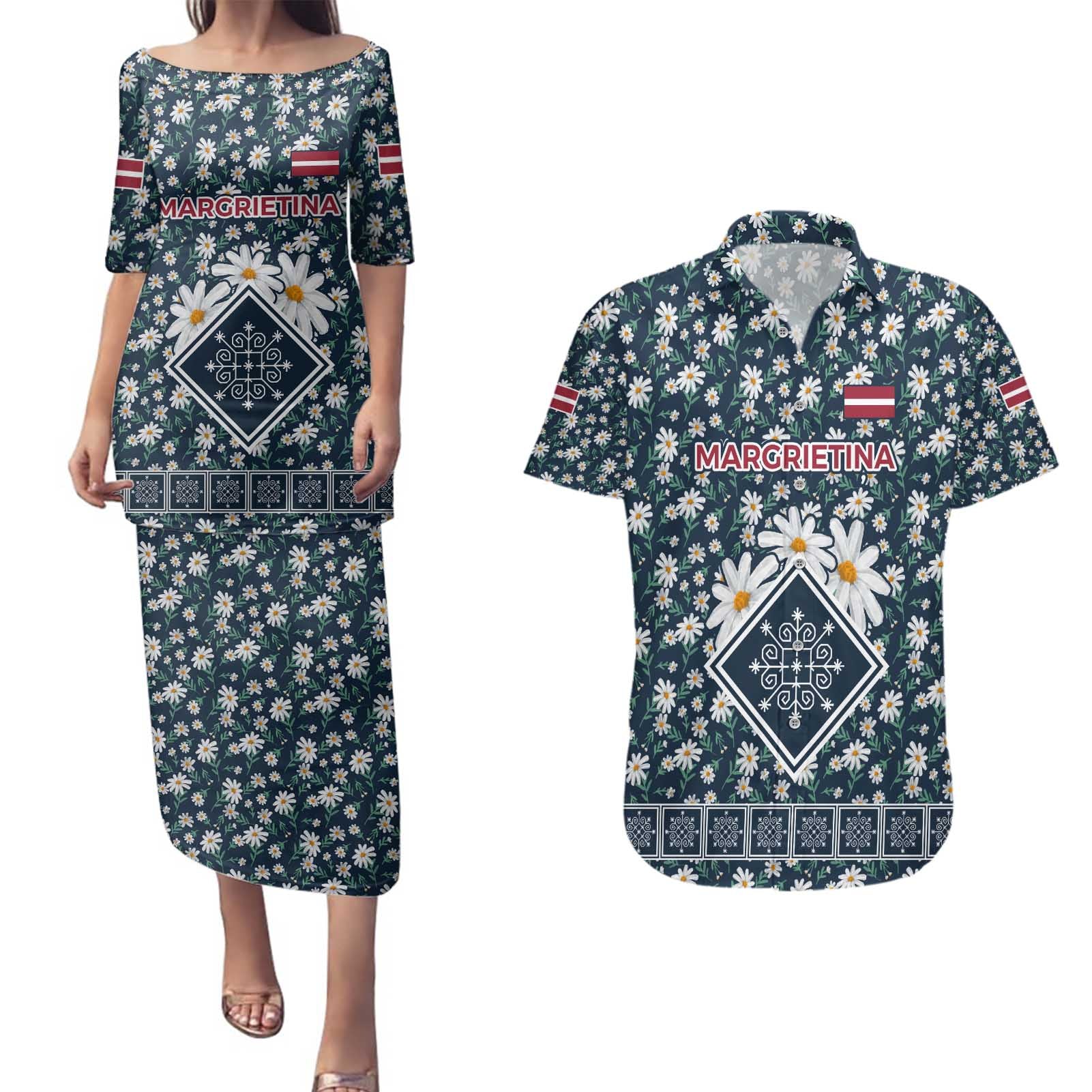 Latvia Couples Matching Puletasi and Hawaiian Shirt with Margrietina Daisy and Ethnic Pattern – Latvia in Bloom Floral Design