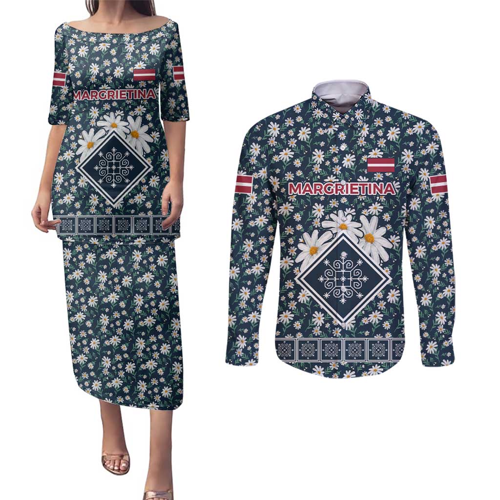 Latvia Couples Matching Puletasi and Long Sleeve Button Shirt with Margrietina Daisy and Ethnic Pattern – Latvia in Bloom Floral Design