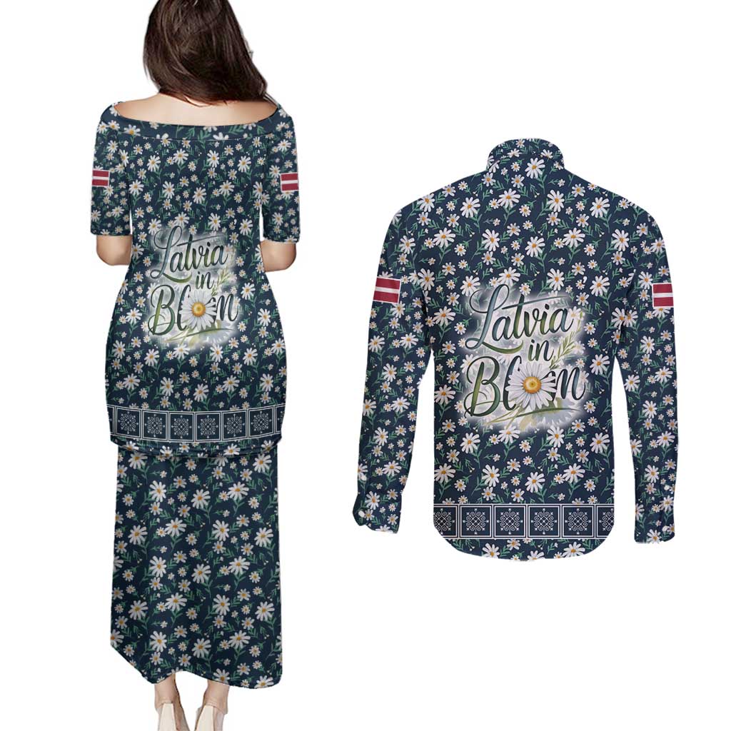 Latvia Couples Matching Puletasi and Long Sleeve Button Shirt with Margrietina Daisy and Ethnic Pattern – Latvia in Bloom Floral Design