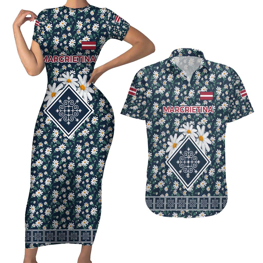 Latvia Couples Matching Short Sleeve Bodycon Dress and Hawaiian Shirt with Margrietina Daisy and Ethnic Pattern – Latvia in Bloom Floral Design