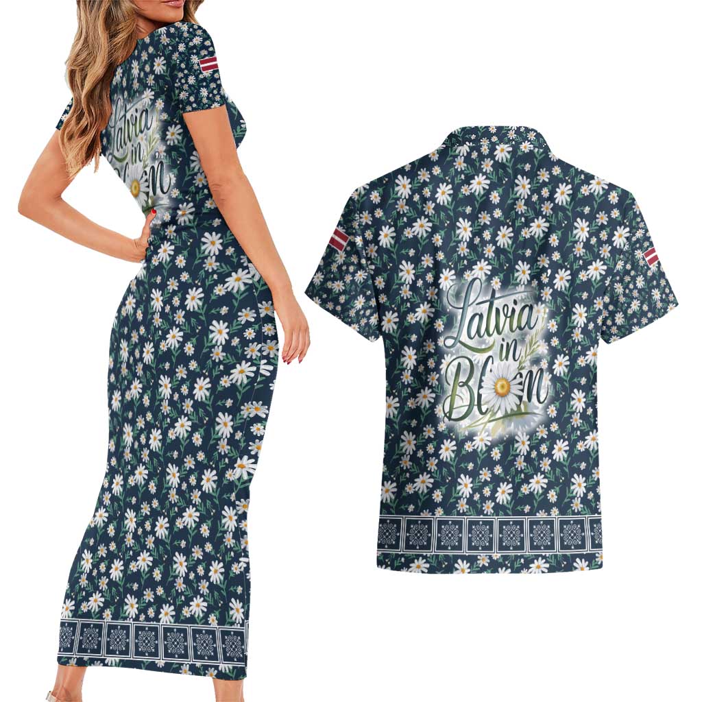 Latvia Couples Matching Short Sleeve Bodycon Dress and Hawaiian Shirt with Margrietina Daisy and Ethnic Pattern – Latvia in Bloom Floral Design