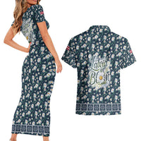 Latvia Couples Matching Short Sleeve Bodycon Dress and Hawaiian Shirt with Margrietina Daisy and Ethnic Pattern – Latvia in Bloom Floral Design