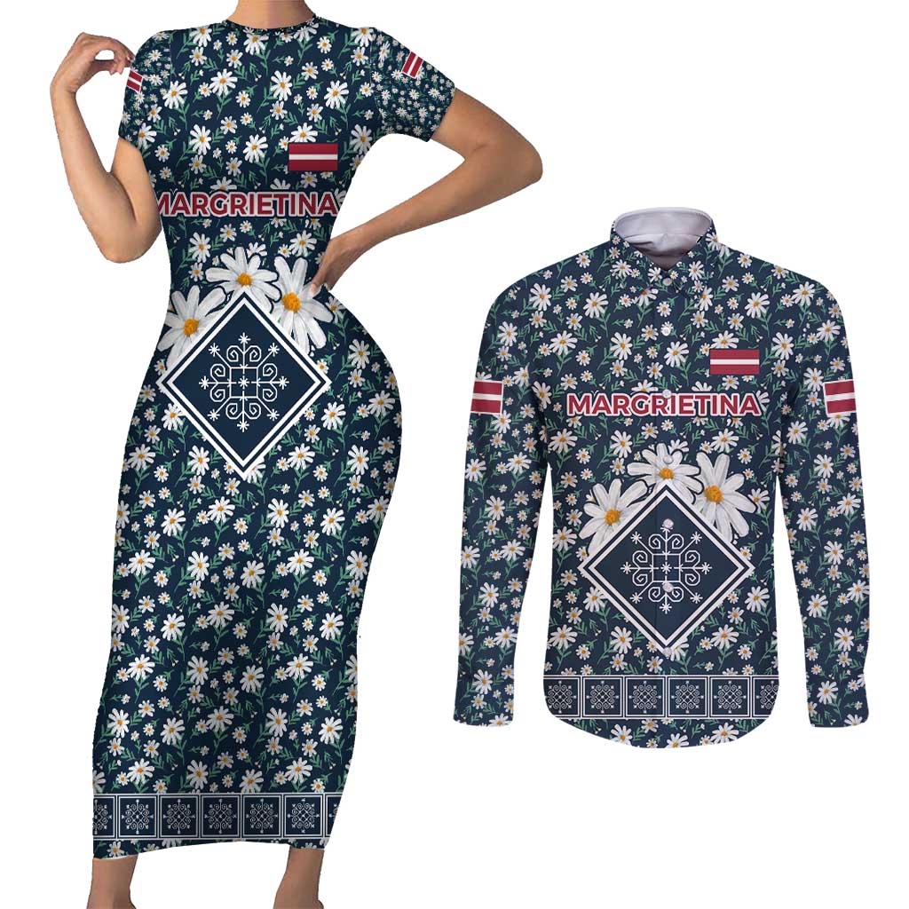 Latvia Couples Matching Short Sleeve Bodycon Dress and Long Sleeve Button Shirt with Margrietina Daisy and Ethnic Pattern – Latvia in Bloom Floral Design