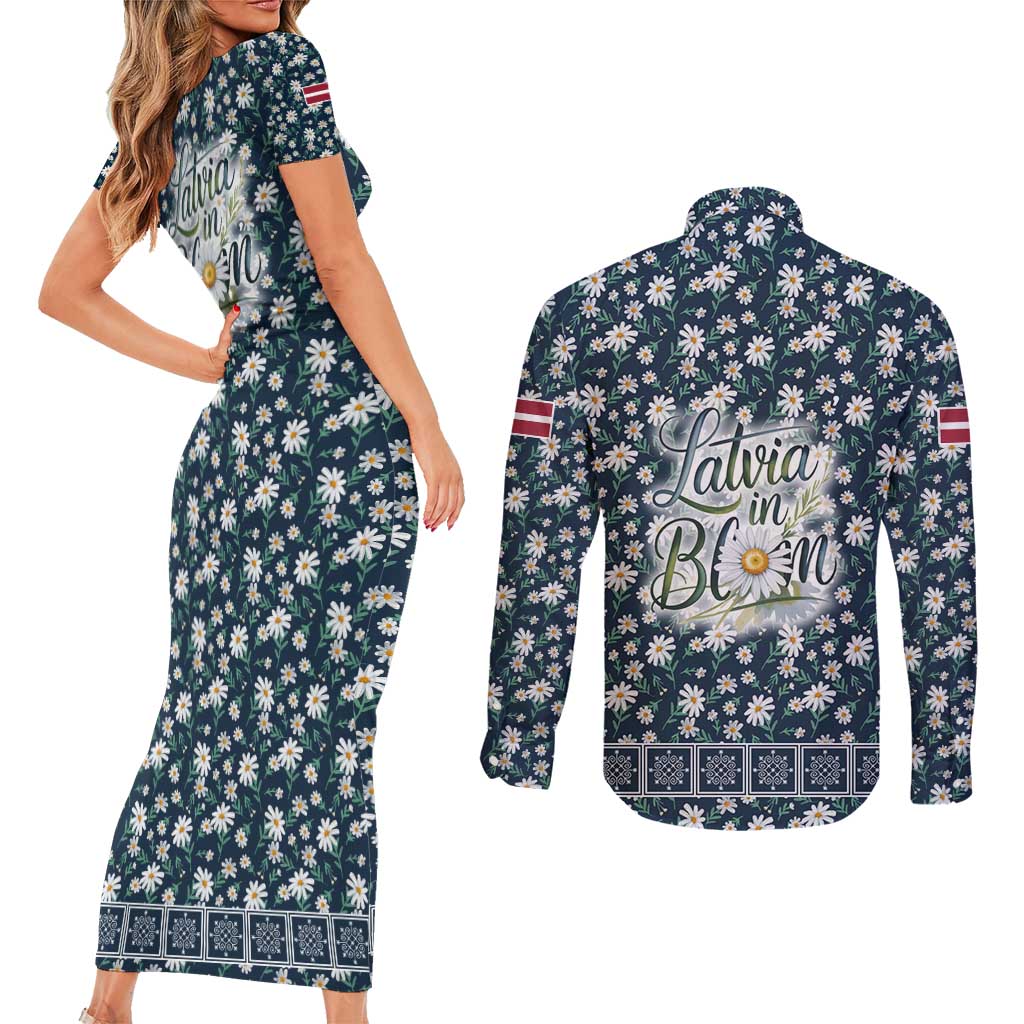 Latvia Couples Matching Short Sleeve Bodycon Dress and Long Sleeve Button Shirt with Margrietina Daisy and Ethnic Pattern – Latvia in Bloom Floral Design
